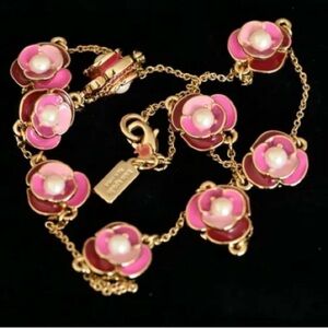 KATE SPADE DECO BLOSSOM FLORAL NECKLACE FLOWERS PEARL 12K GOLD ENAMEL PINK ♣️
